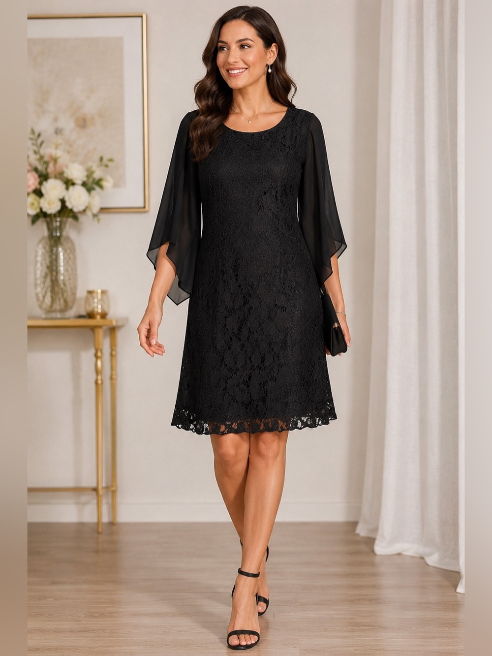 COOAN Black Floral Lace Cocktail Dress Women’s Large Sheer Flutter Sleeve